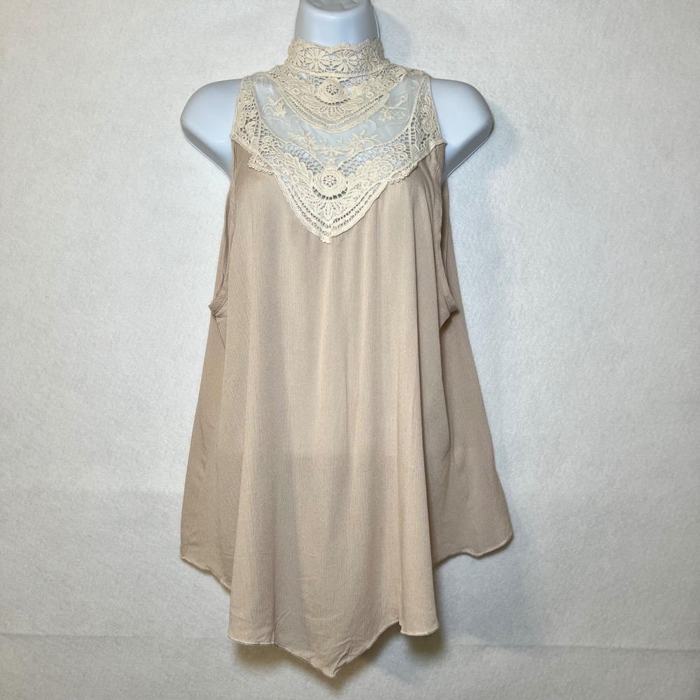 Coquette Romantic Hippie Boho Chic Tan Lace Crochet High Neck Tie Top New Mode L